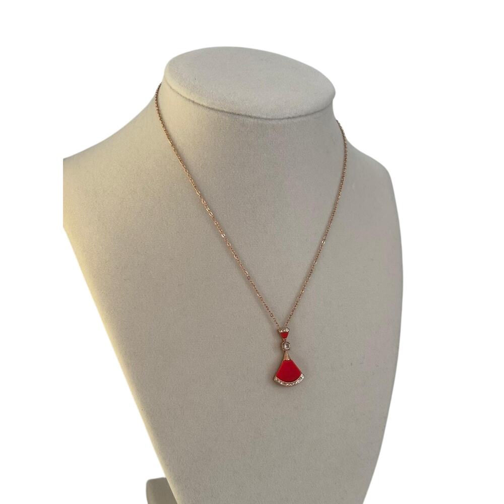 Red Fan Pendant Necklace Gold Tone Crystal Accent Statement Jewelry Women - Picture 5 of 6